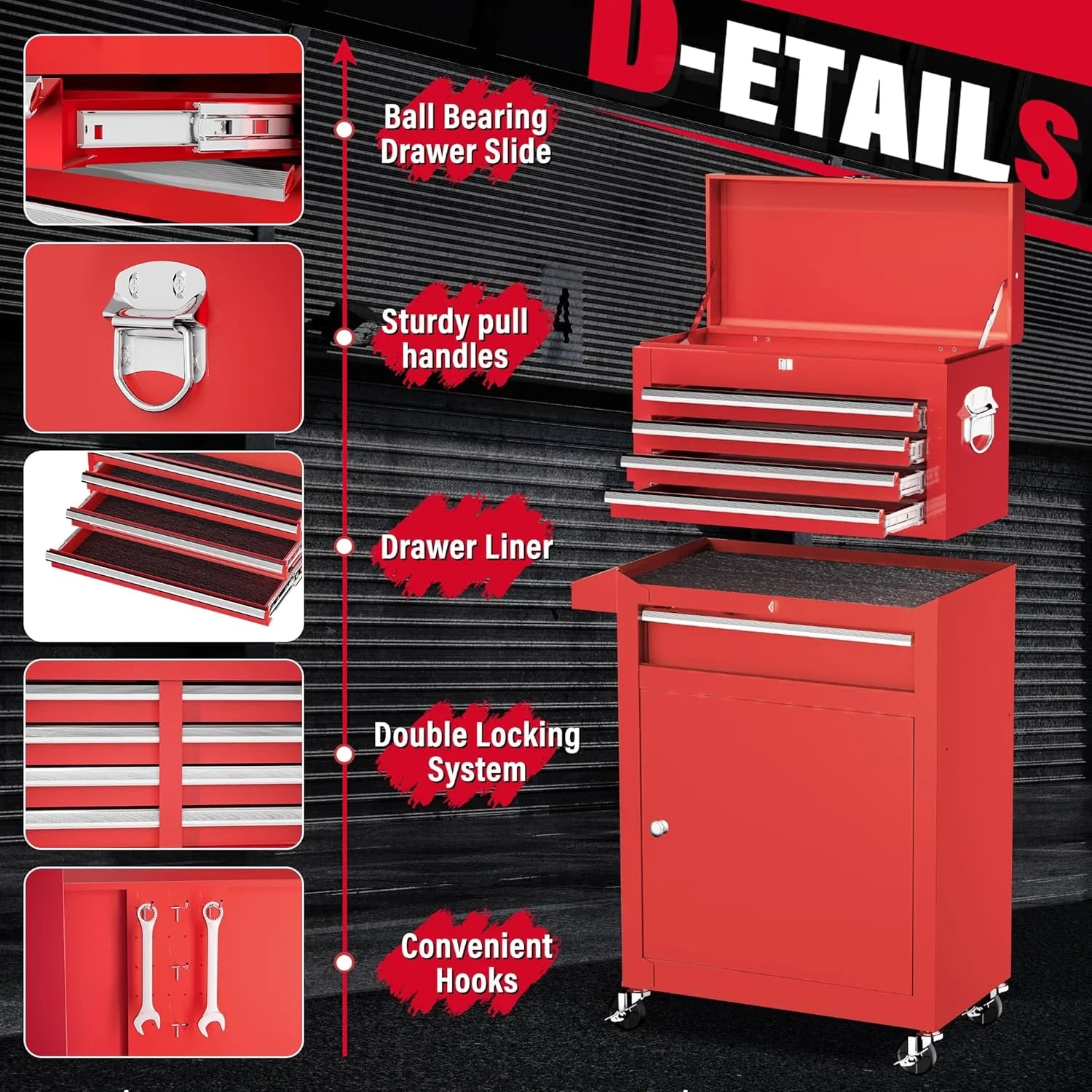 SOLAURA 5-Drawer Rolling Tool Chest Cabinet Metal Tool Storage Box Lockable with Wheels, Red