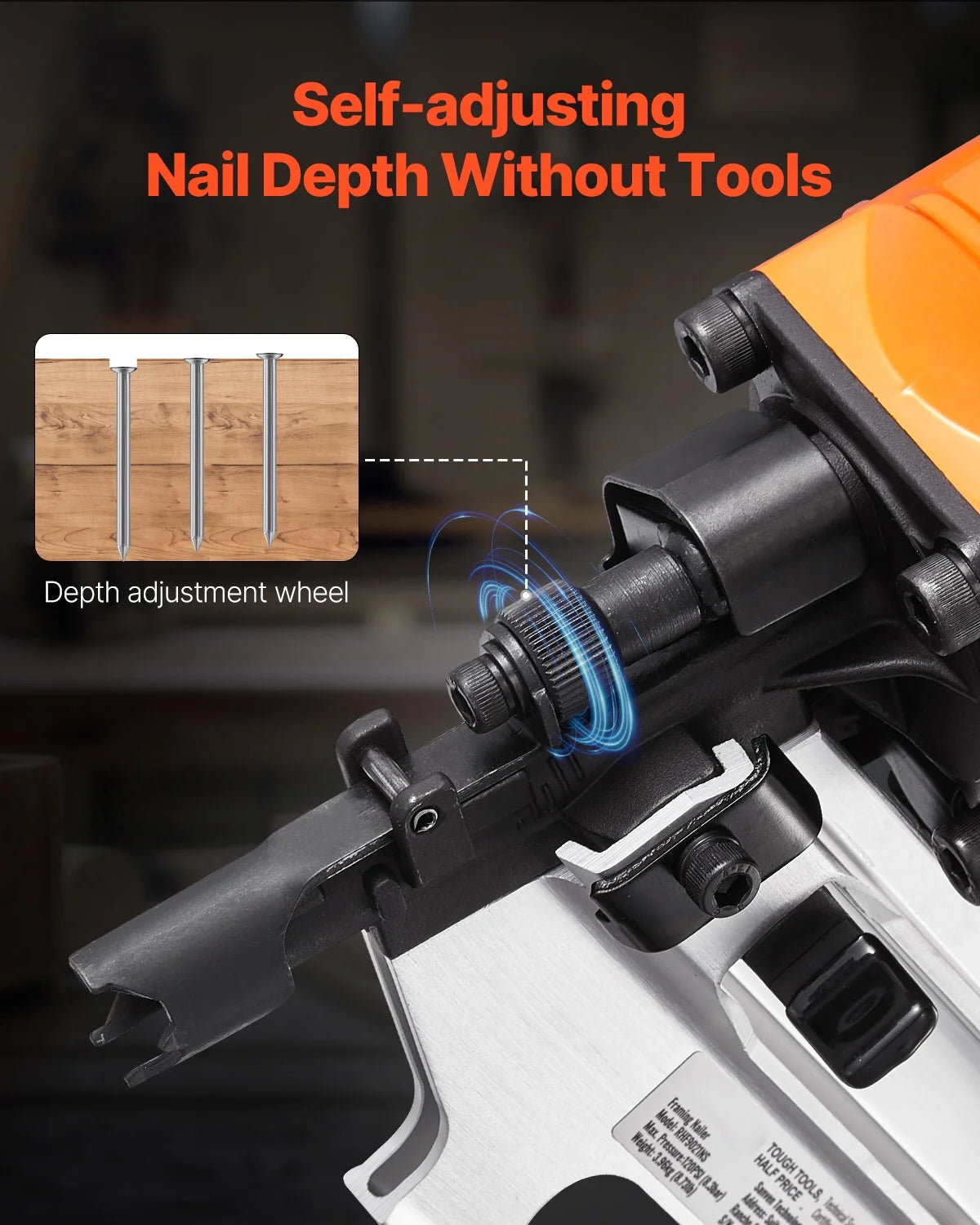 KFFKFF Nail Gun, 2" to 3-1/2" 21 Degree Full Round Head, Pneumatic with Dual Firing Options & No-Tool Depth Modification, 80-120PSI Professional Air Powered Tool for Floor, Deck & Frame Construction
