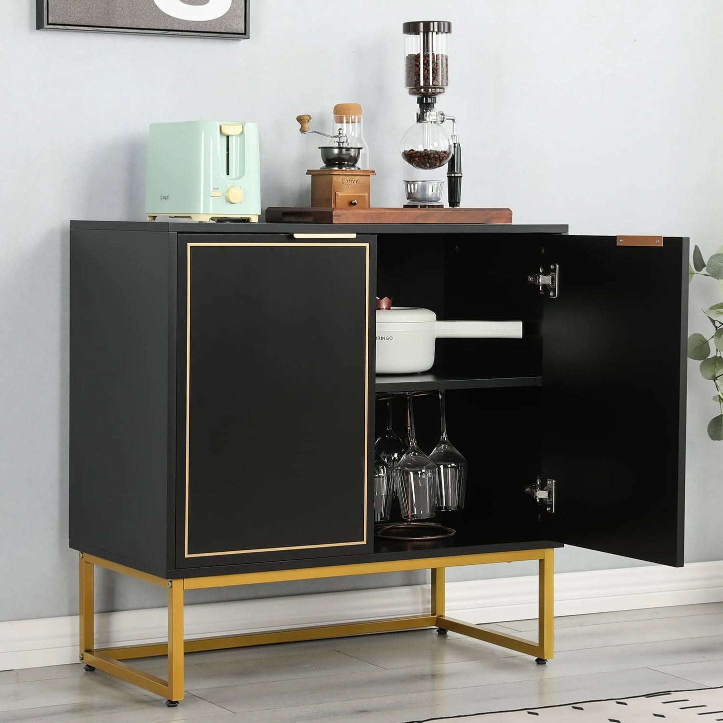 Yoleny 31'' Buffet Cabinet with Storage, Accent Cabinet with 2 Doors, Gold Trim and Golden Legs, Wooden Sideboard with Adjustable Shelf and Feet for Bedroom, Living Room, Kitchen, Hallway, Black