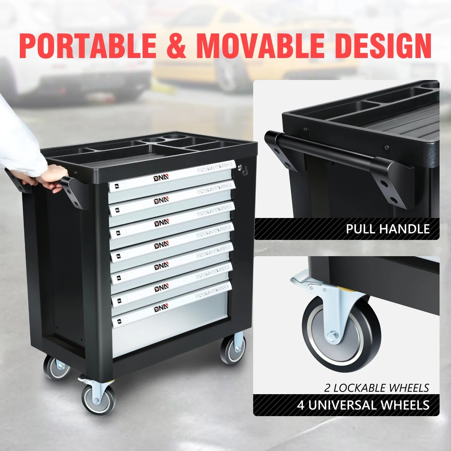 7-Drawers Rolling Tool Chest Cabinet with Casters, Locking System, Top Worktop, for Garage Warehouse Workshop, Grey