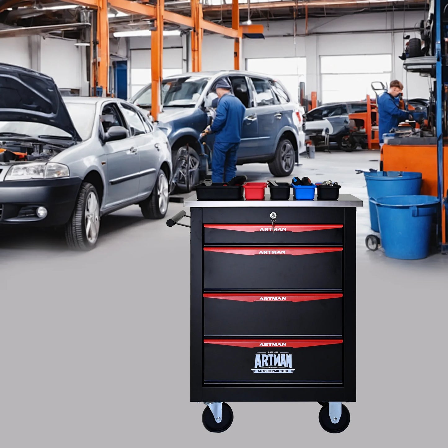 JXXRZ 4-Drawer Rolling Tool Cart with Wheels, Stainless Steel Top & Lock for Garage Workshop, Black& Red