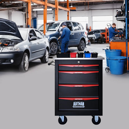 JXXRZ 4-Drawer Rolling Tool Cart with Wheels, Stainless Steel Top & Lock for Garage Workshop, Black& Red
