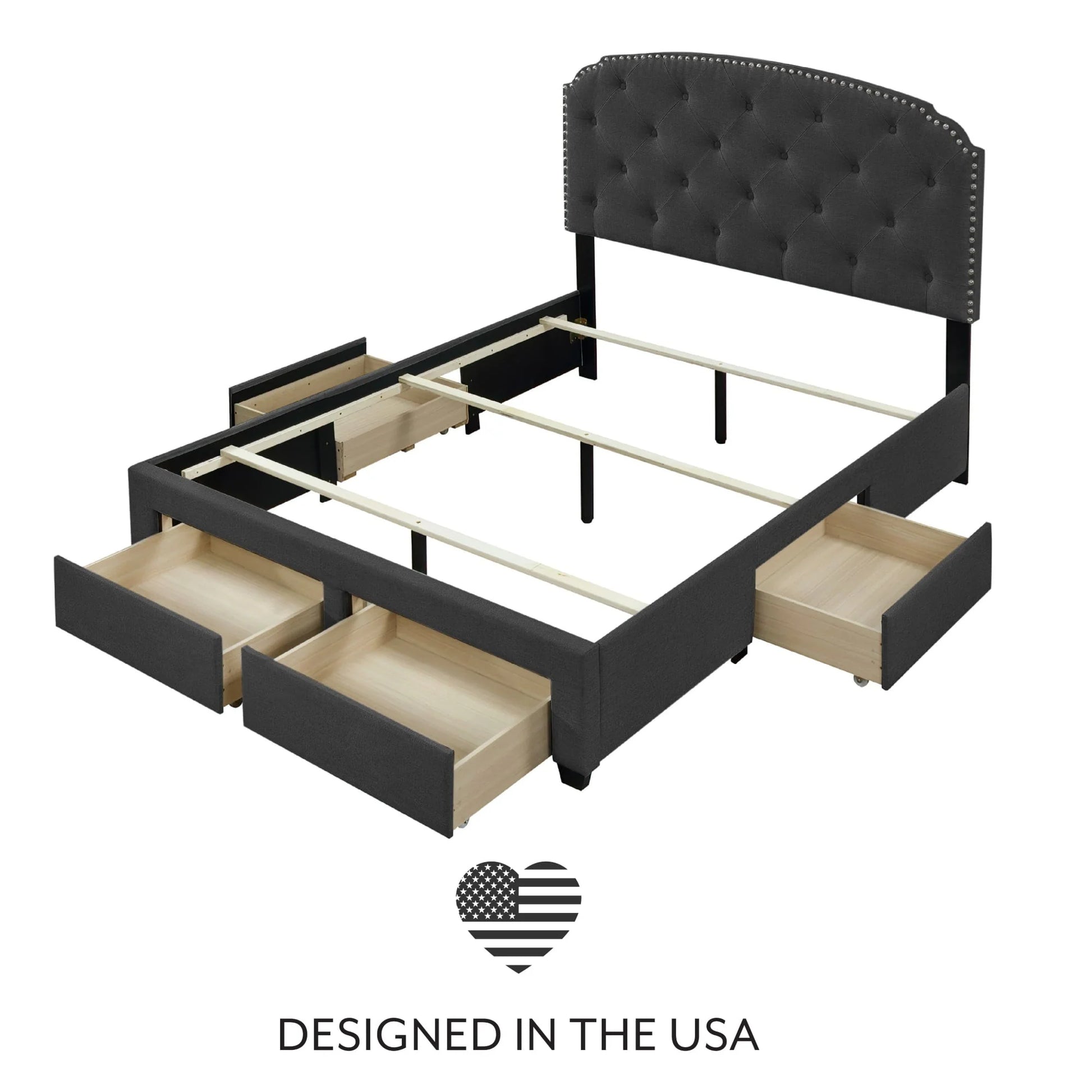 DG Casa Argo Tufted Upholstered Panel Bed Frame with Storage Drawers and Nailhead Trim Headboard, Queen Size Storage Bed in Charcoal Linen Style Fabric
