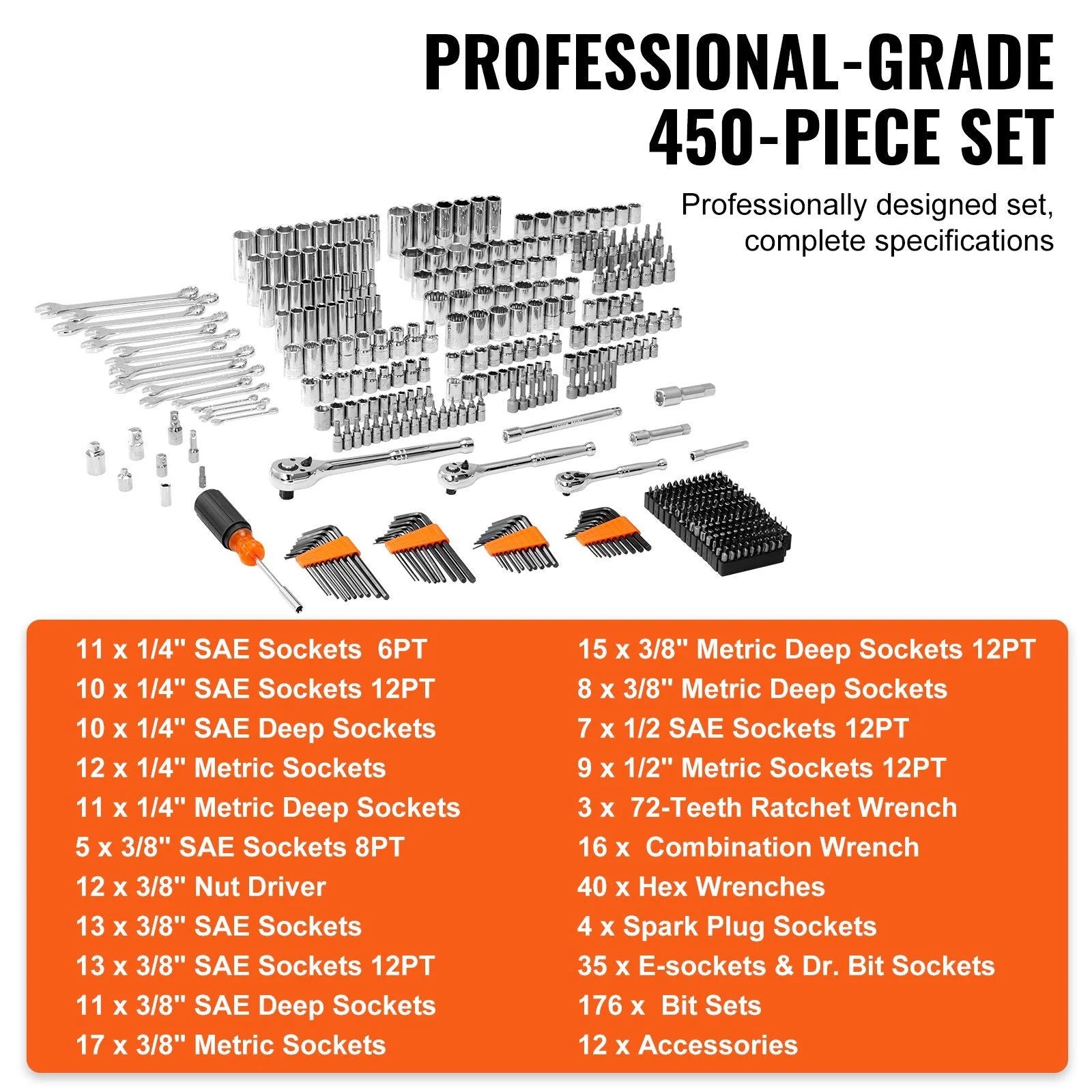 450-Piece Mechanics Tool Set with 1/4", 3/8", 1/2" Drive Sockets - SAE & Metric, Includes Wrenches, Bits, Case