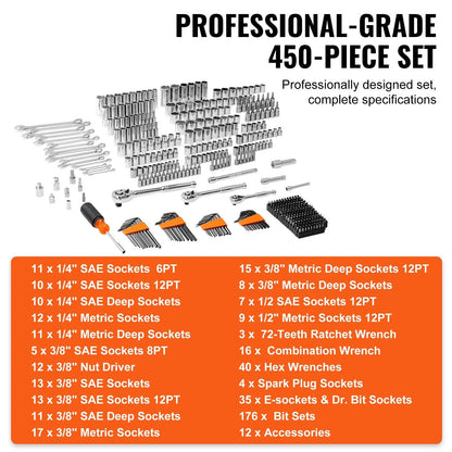 450-Piece Mechanics Tool Set with 1/4", 3/8", 1/2" Drive Sockets - SAE & Metric, Includes Wrenches, Bits, Case