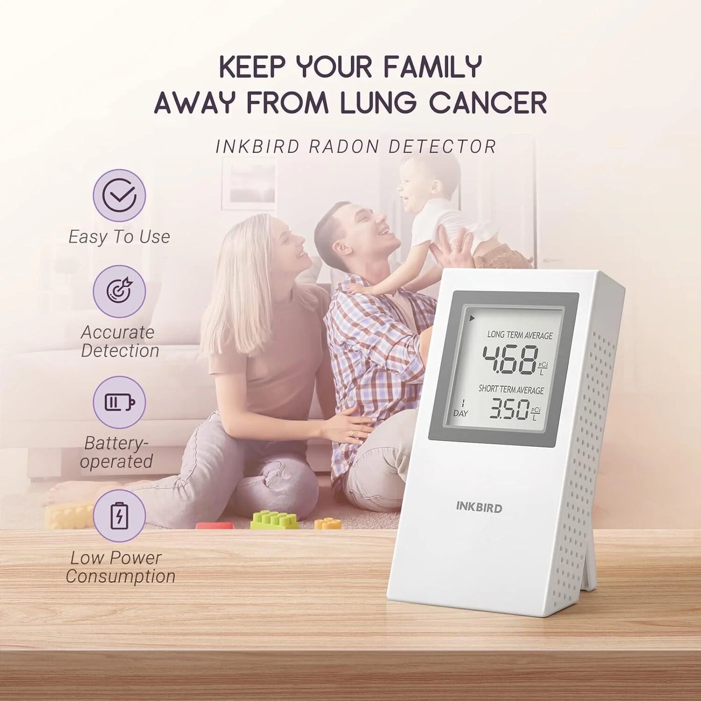 Inkird Home Radon Detector, Portable Radon Meter, Short-Term and Long-Term Accurate Monitoring 2-Year Battery,White