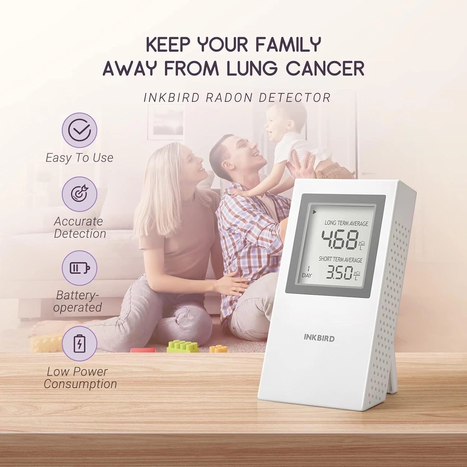 Inkird Home Radon Detector, Portable Radon Meter, Short-Term and Long-Term Accurate Monitoring 2-Year Battery,White