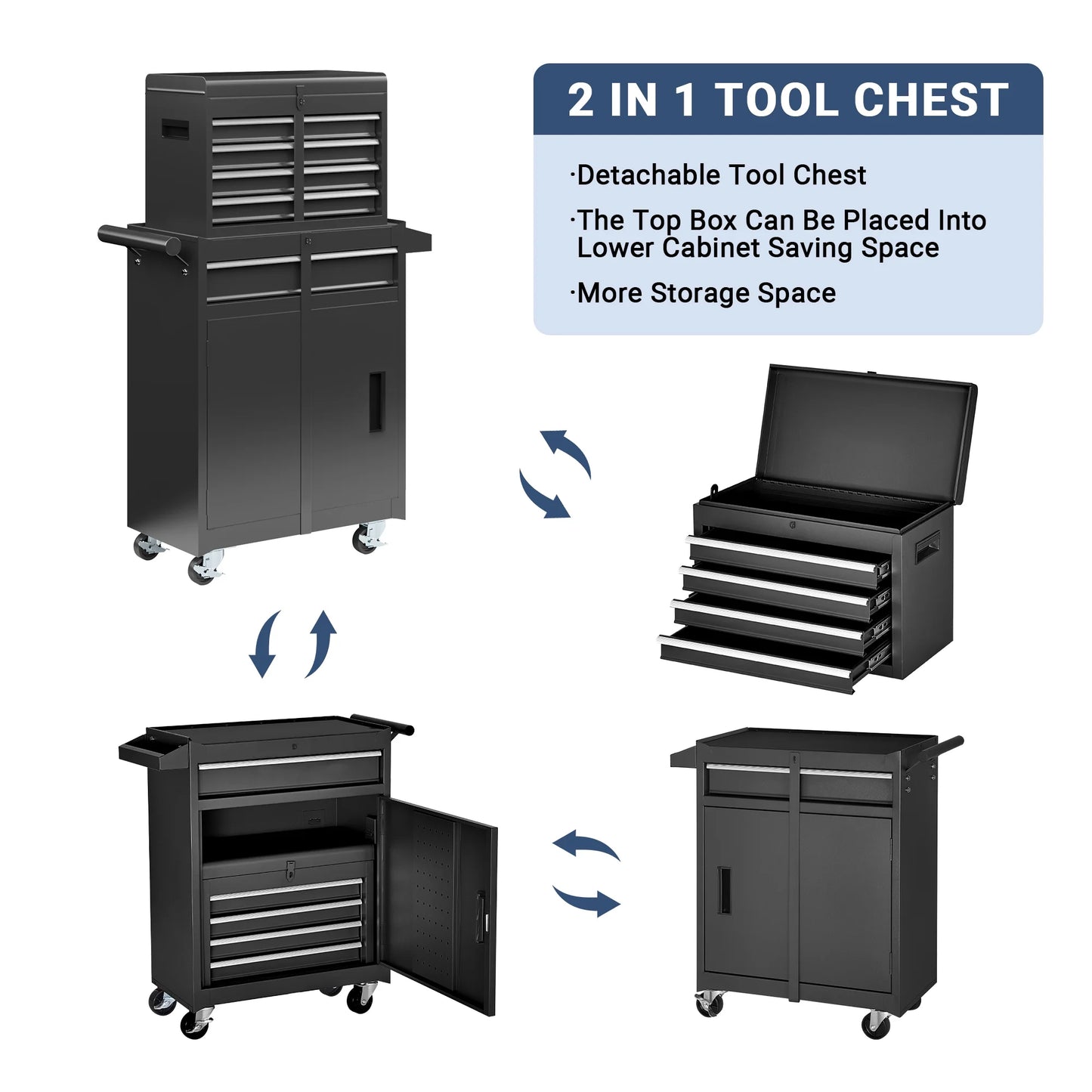 MUCHANT 5-Drawer Rolling Tool Chest, 2-in-1 Tool Box& Cabinet with Wheels, Drawers and Removable Top Tool Box for Garage, Warehouse, Workshop, Repair Shop, Black