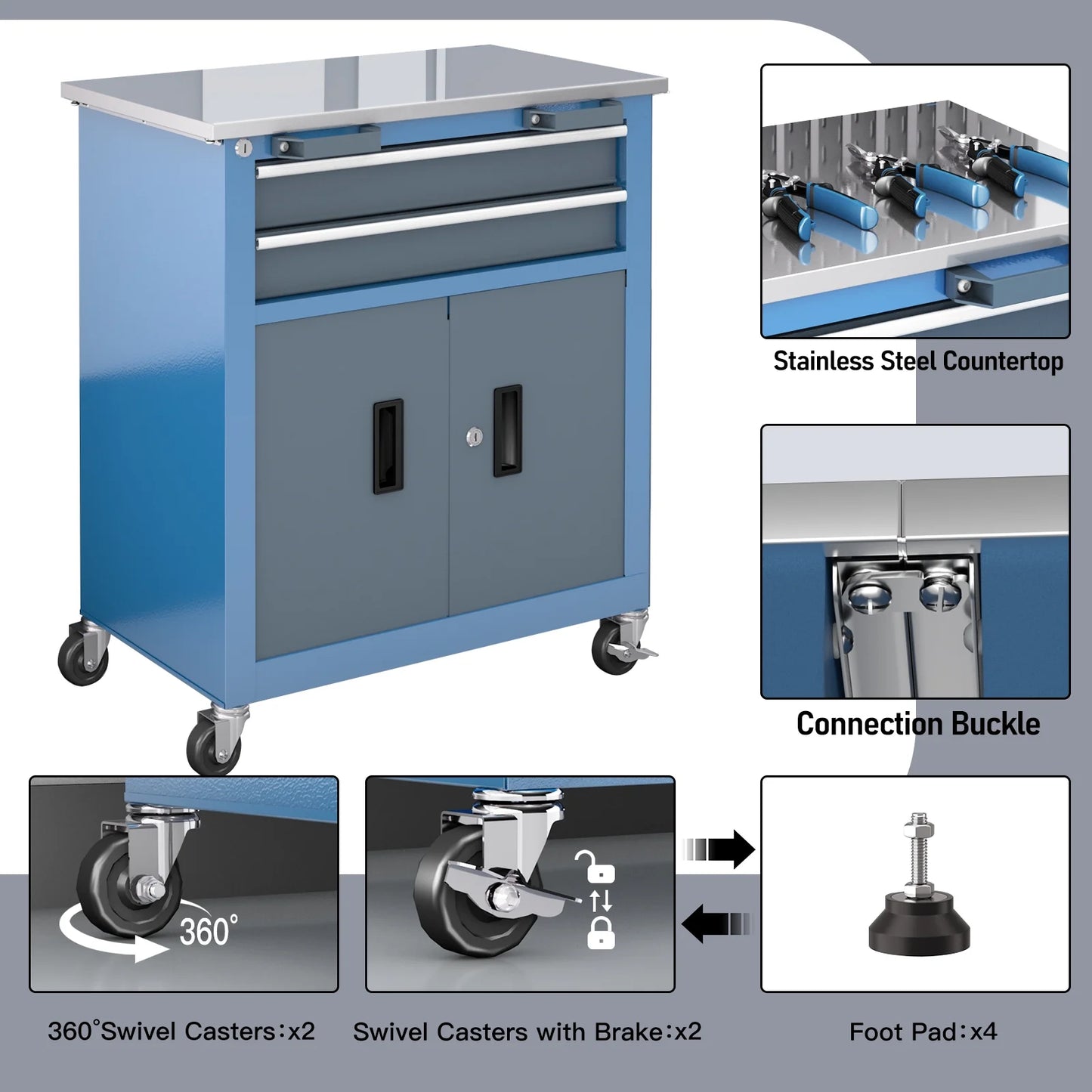8-Drawer Rolling Tool Chest with Stainless Top & Sliding Drawers - Heavy-Duty Garage Workbench with Wheels