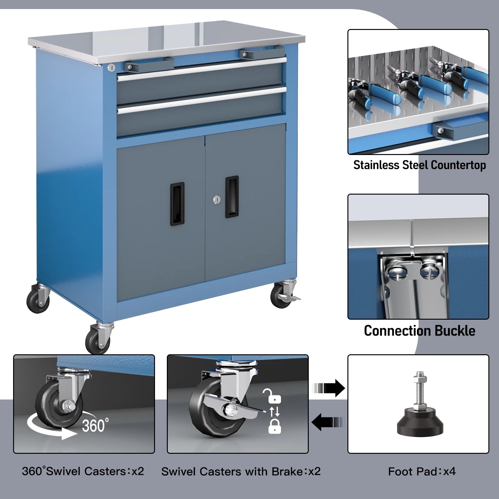 8-Drawer Rolling Tool Chest with Stainless Top & Sliding Drawers - Heavy-Duty Garage Workbench with Wheels