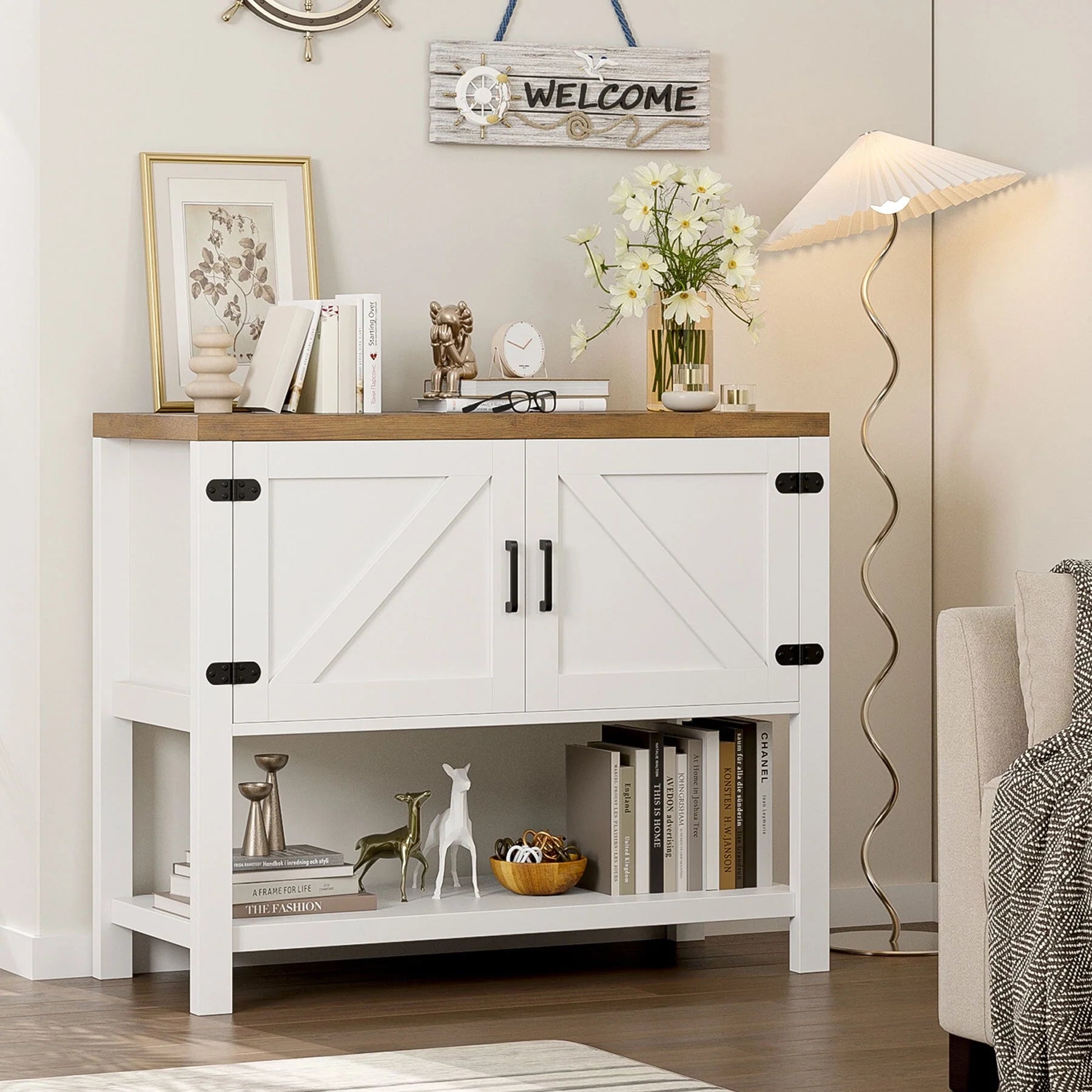 Homfa Small Buffet Cabinet, 35.4" Farmhouse Sideboard with Storage Shelf for Dining Room, White