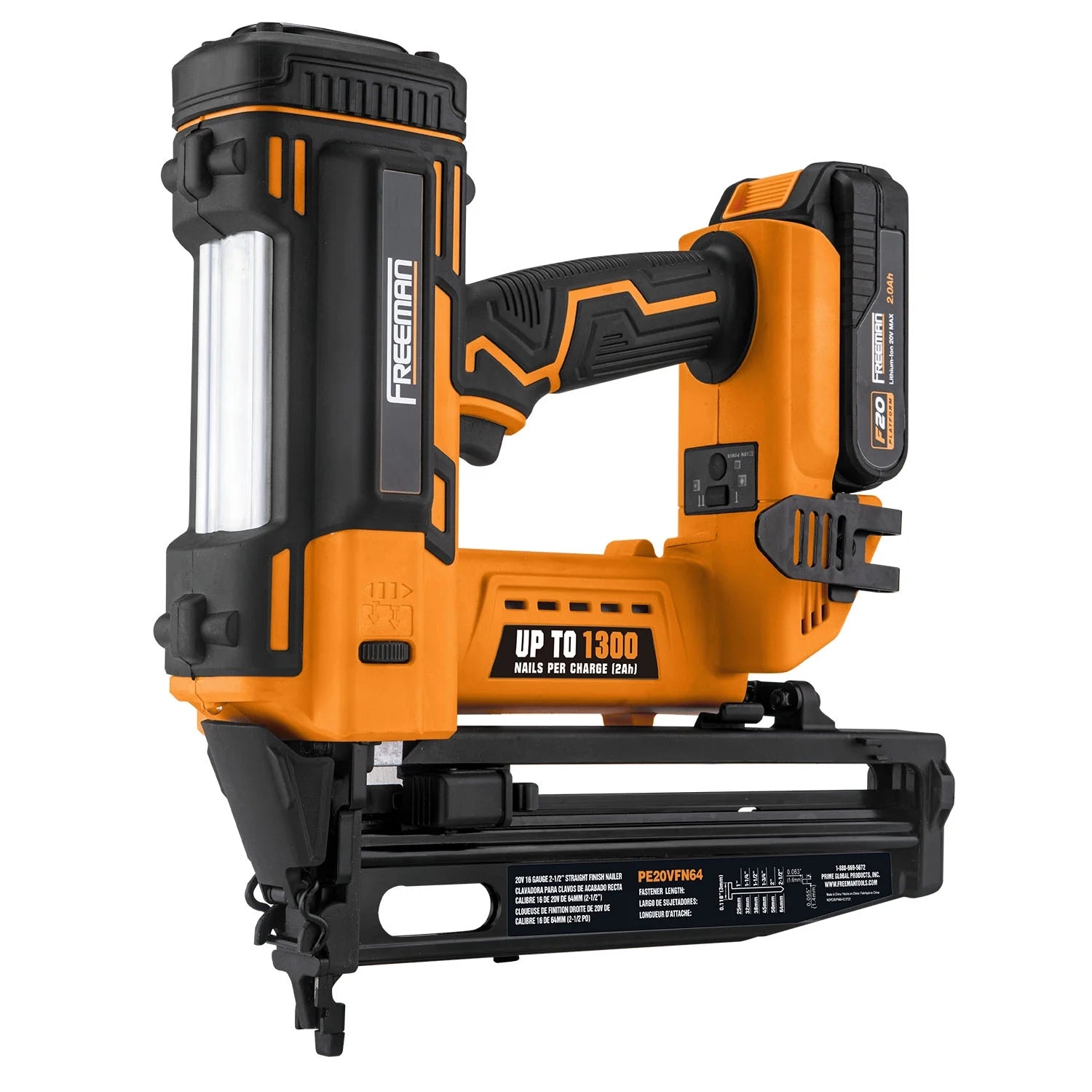 Freeman PE20VFN64 20 Volt Cordless 16-Gauge 2-1/2" Straight Finish Nailer Kit with Lithium Ion Battery, Charger, Bag, and Nails (200 Count) - 1300 Shots per Charge