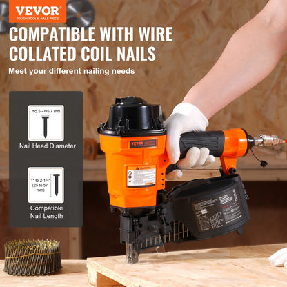 VEVOR Coil Siding Nailer MCN55, 1 inch to 2-1/4 inch 15 Degree Pneumatic Siding Nail Gun, 70-120PSI Air Coil Nailer for Siding, Pallet Sheathing, Fencing, Decking