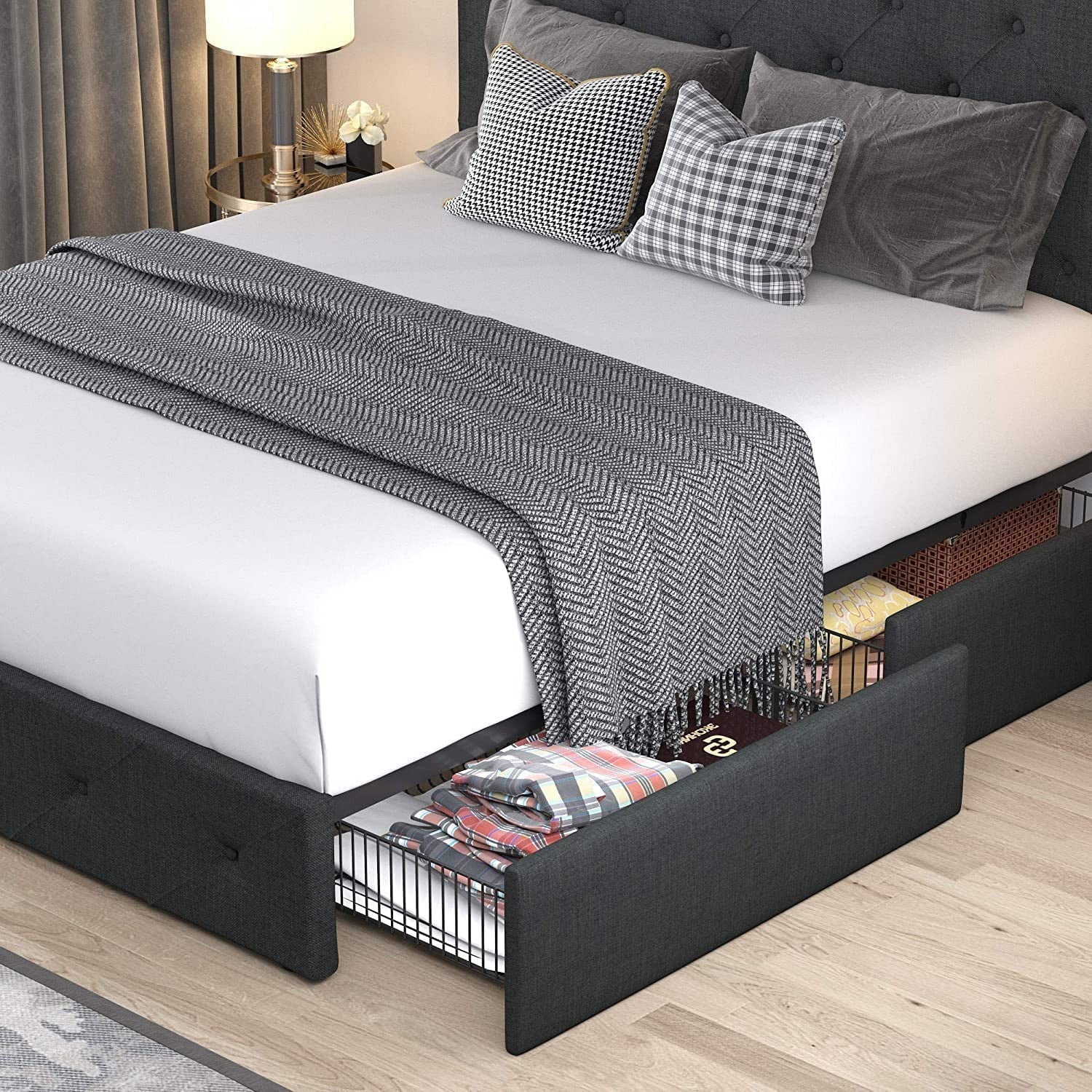 Allewie Queen Platform Bed Frame with 4 Drawers Storage and Headboard, Diamond Stitched Button Tufted Upholstered Mattress Foundation with Wood Slat Support, Dark Grey
