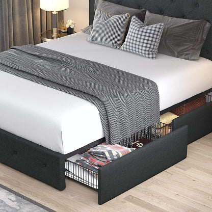 Allewie Queen Platform Bed Frame with 4 Drawers Storage and Headboard, Diamond Stitched Button Tufted Upholstered Mattress Foundation with Wood Slat Support, Dark Grey