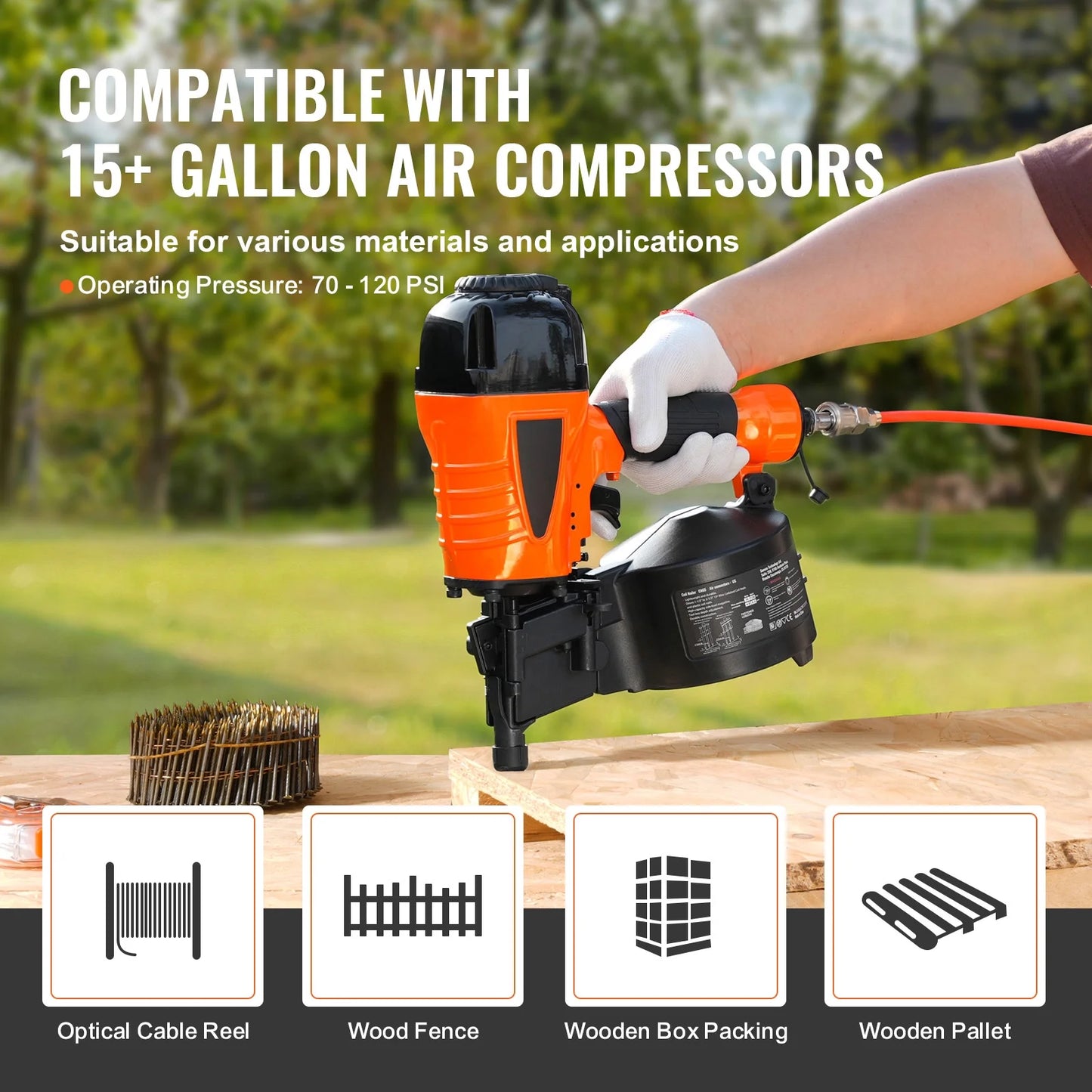 KFFKFF Pneumatic Coil Siding Nailer CN65, Adjustable 1-1/4" to 2-1/2" 15 Degree, 70-120PSI, Ideal for Siding, Sheathing, Woodworking, Fencing, and Decking