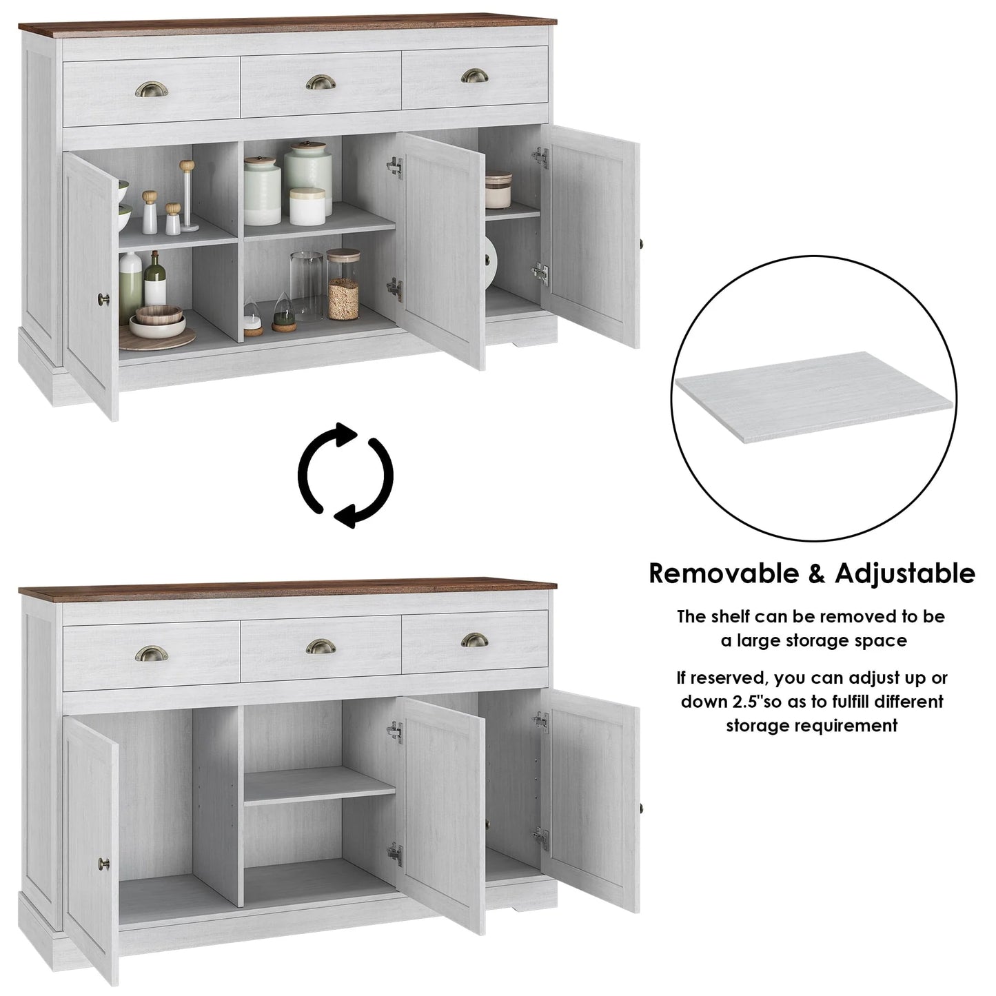 Homfa Sideboard Storage Cabinet with 3 Drawers & 3 Doors, 47.2'' Wide Buffet Cabinet for Dining Room, Antique White