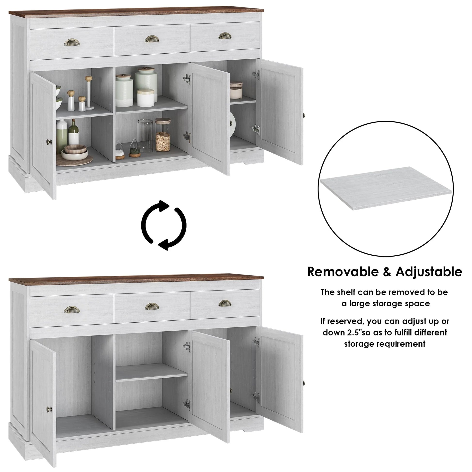 Homfa Sideboard Storage Cabinet with 3 Drawers & 3 Doors, 47.2'' Wide Buffet Cabinet for Dining Room, Antique White