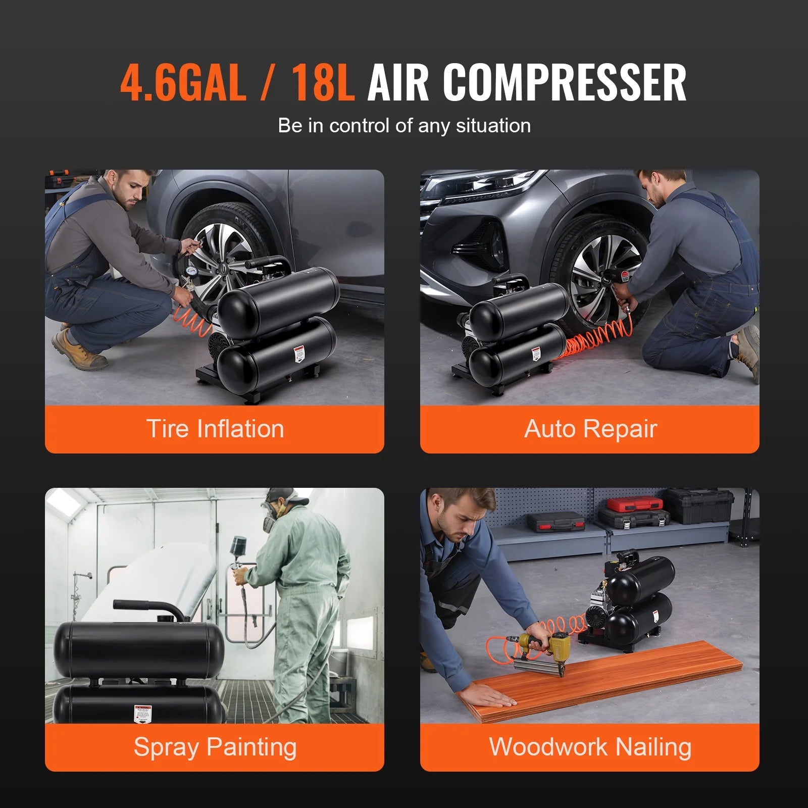 KFFKFF Air Compressor with 4.6 Gallon Steel Tank, 1HP & 2.2 CFM@90 PSI, Oil-Free Operation & Maximum 120PSI, 80dB Quiet Portable Unit for Auto Maintenance, Tire Filling, and Spray Paint Jobs