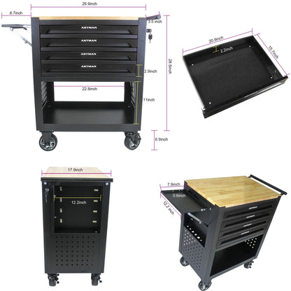 Aukfa 30 inch Mechanic's Tool Cart, 700 LB Capacity 4-Drawer Tool Chest on Wheels for Garage, Black