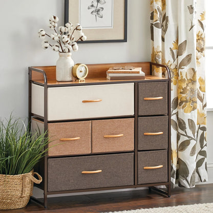 mDesign Large Storage Dresser Furniture with 7 Fabric Drawers, Multi/Dark Brown