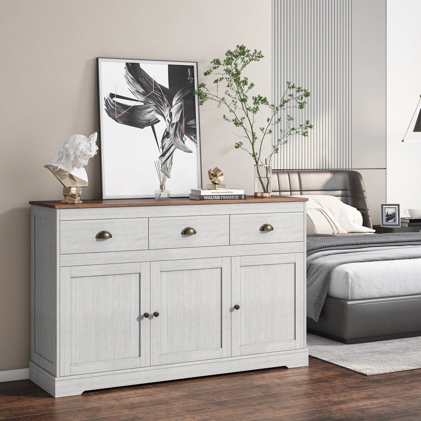 Homfa Sideboard Storage Cabinet with 3 Drawers & 3 Doors, 47.2'' Wide Buffet Cabinet for Dining Room, Antique White