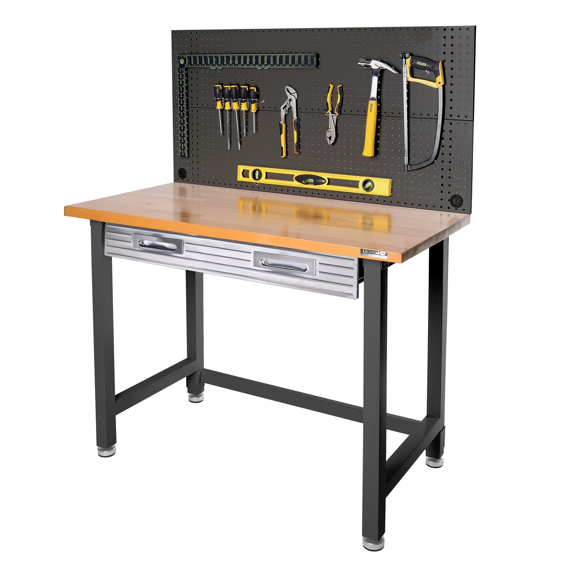 Seville Classics UltraHD Heavy Duty Commercial Lighted Workcenter Workbench w/Pegboard, Granite, 48" W x 24" D x 65.5" H