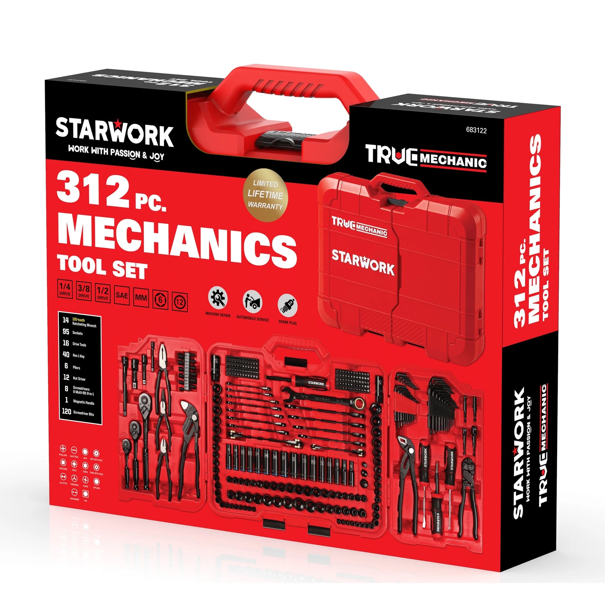 STARWORK TRUE MECHANIC 312-Piece Mechanics Tool Set and Socket Set, ProfessionalPliers Wrench Version SAE/Metric