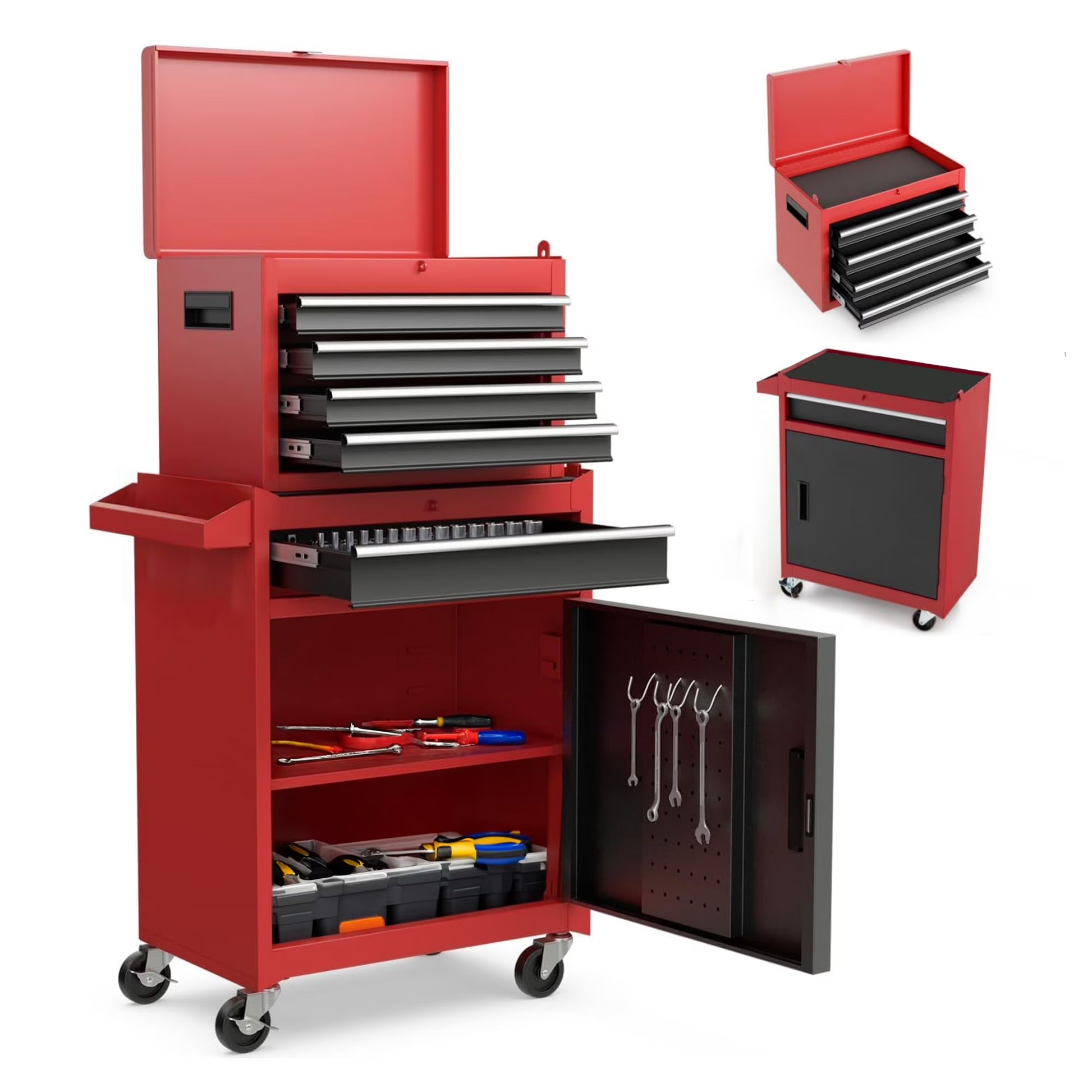 2-IN-1 Tool Chest with Drawers, Seizeen 2-tier Rolling Tool Box & Cabinet Large Capacity with 4 Drawers, Lockable Tool Box Organizer On Wheels, Red