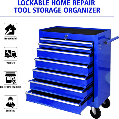DSstyles Tool Chests, 7-Drawer Rolling Tool Storage Cabinet with Detachable Tray, Multi-Functional Handles, Adjustable Shelves, Secure Locking System, Heavy-Duty Wheels, Ideal for Garage, Workshop
