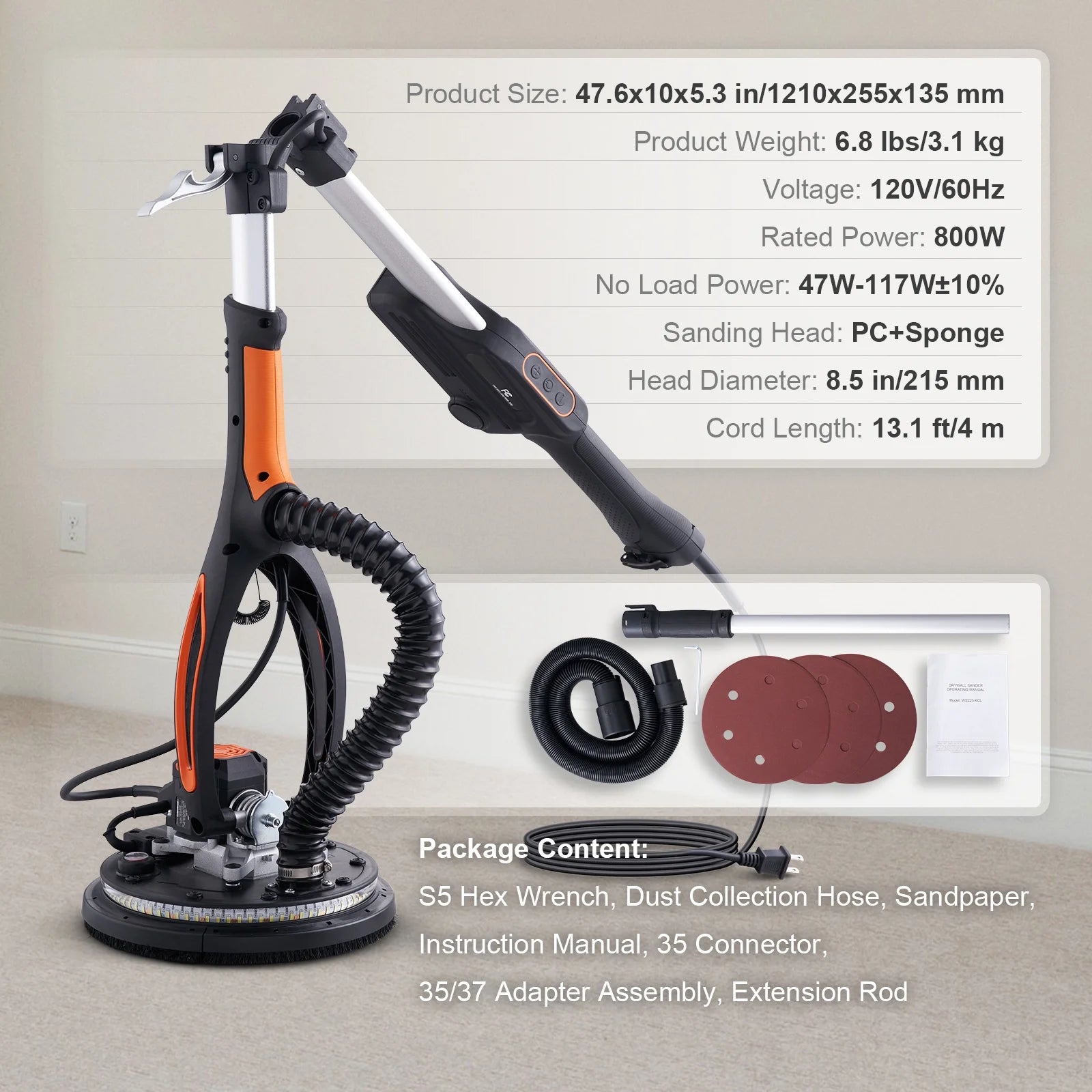 KFFKFF Drywall sander 800W brushless motor 1000-2300RPM continuously variable speed