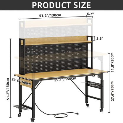 DWVO Tool Cart, Workbench Adjustable Height Work Bench For Garage Oak Plank & Carbon Steel Heavy Duty Workbench 2000lbs Weight Capacity Bench top Size 59.1" x 23.6" with Pegboard Power Outlets