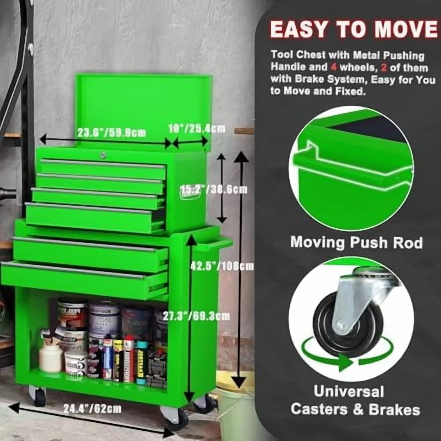8-Drawer Rolling Tool Chest with Detachable Top Tool Box, Lockable Metal Tool Cabinet, and Liner, Heavy-Duty Storage Organizer with Wheels and 6 Hooks for Garage, Workshop, Green