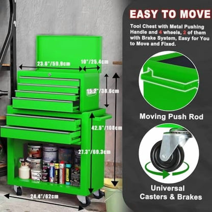 8-Drawer Rolling Tool Chest with Detachable Top Tool Box, Lockable Metal Tool Cabinet, and Liner, Heavy-Duty Storage Organizer with Wheels and 6 Hooks for Garage, Workshop, Green