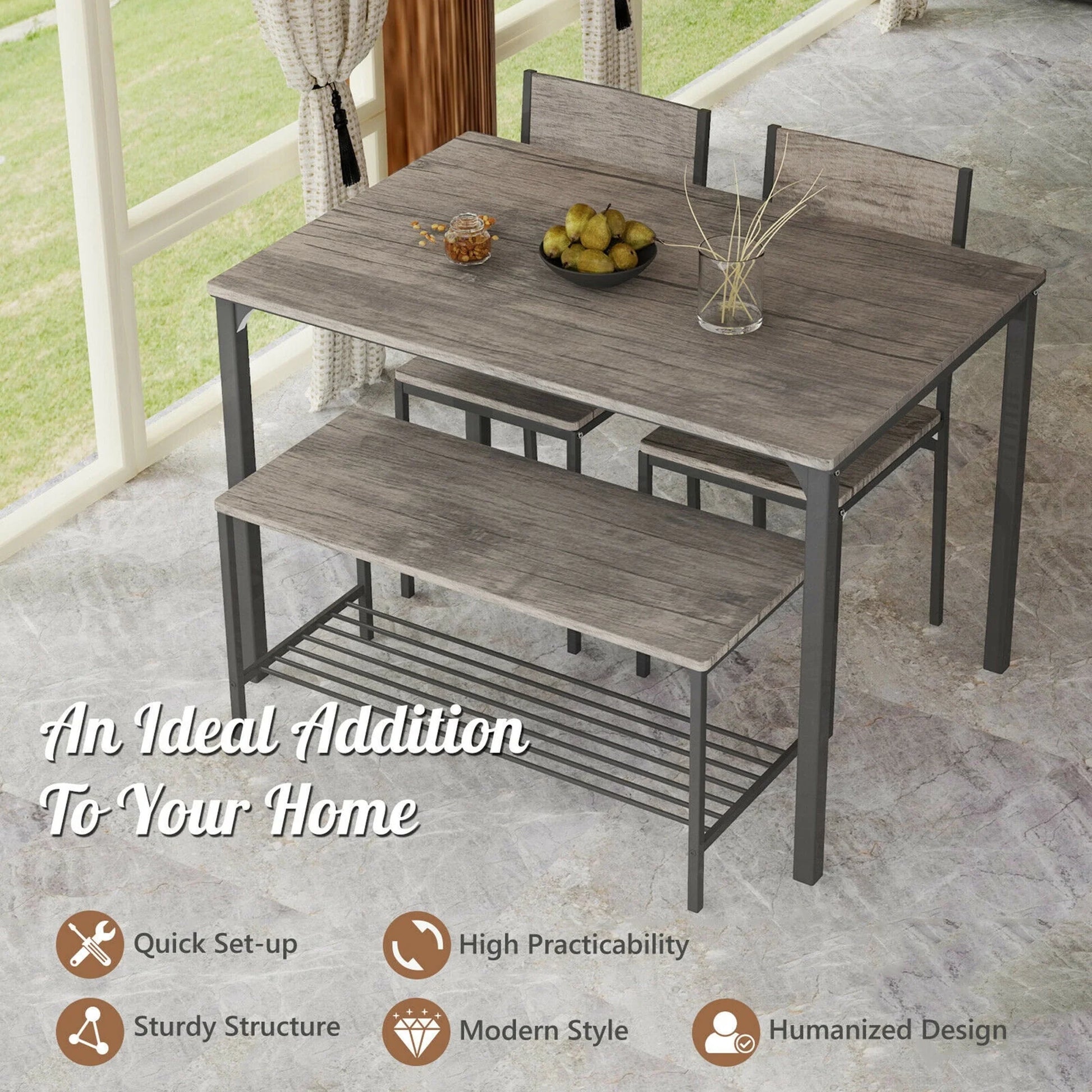 Gymax 4pcs Dining Table Set Rustic Desk 2 Chairs & Bench w/Storage Rack Grey