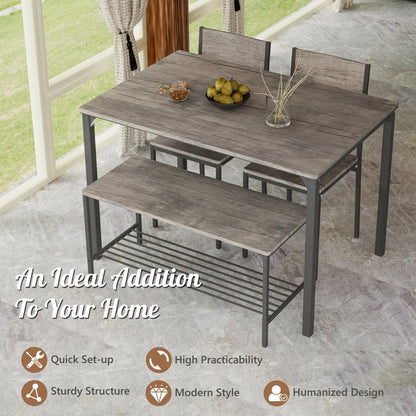 Gymax 4pcs Dining Table Set Rustic Desk 2 Chairs & Bench w/Storage Rack Grey