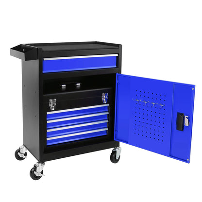 5-Drawer Rolling Tool Box, 2-IN-1 Hidden Multifunctional Tool Chest, Blue Tool Box on Wheels Storage Tool Organizer Cart, Hooks, Classification Box, Liner