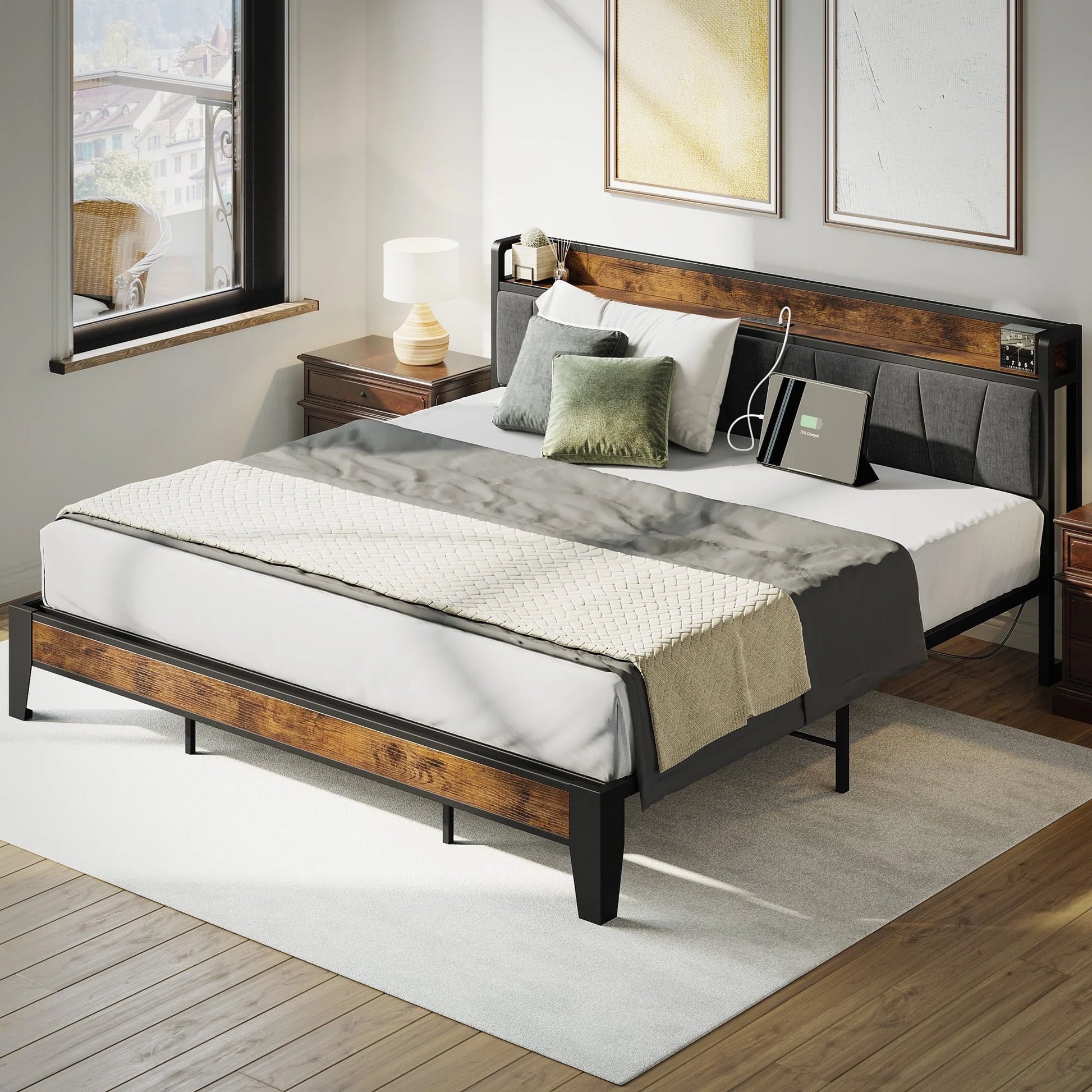 LIKIMIO King Metal Bed Frame with Storage Headboard and Outlets, Sturdy for Adults, Vintage and Gray