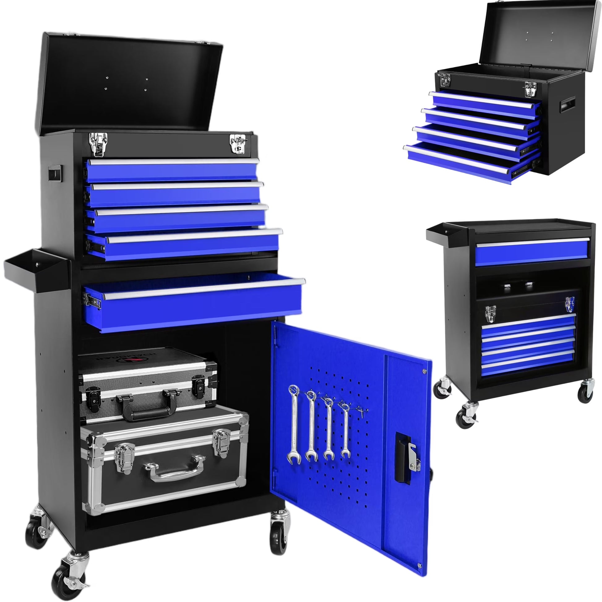 Aukfa Tool Box, 2 in 1 Steel Rolling Tool Chest & Cabinet On Wheels for Garage, 5-drawer, Blue