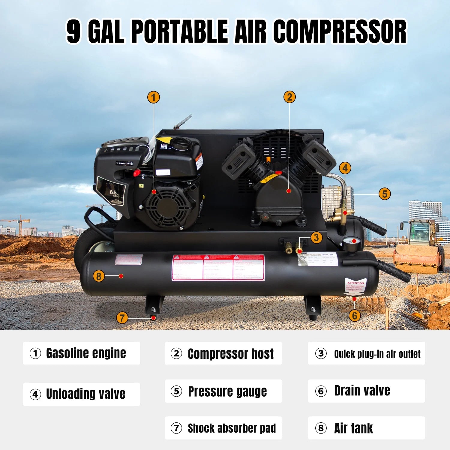 Horizontal 6.5 HP 9 Gal Gas-Powered Portable Air Compressor Double Tank 125 PSI 12 CFM