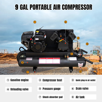 Horizontal 6.5 HP 9 Gal Gas-Powered Portable Air Compressor Double Tank 125 PSI 12 CFM