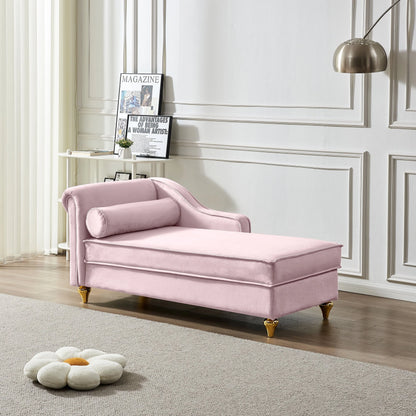 60.6" Velvet Chaise Lounge with Storage, Small Sofa Trimmed with Solid Metal Legs with 1 Pillow, Pink