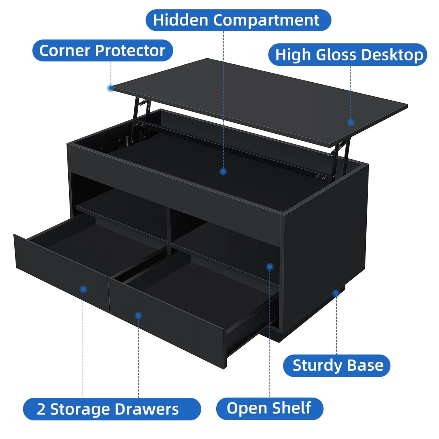 Hommpa Lift Top Coffee Table with 2 Drawers High Gloss Rectangle Black Coffee Table with LED Lights and Hidden Storage for Living Room Home Office Center Cocktail Tables 25.19" Height