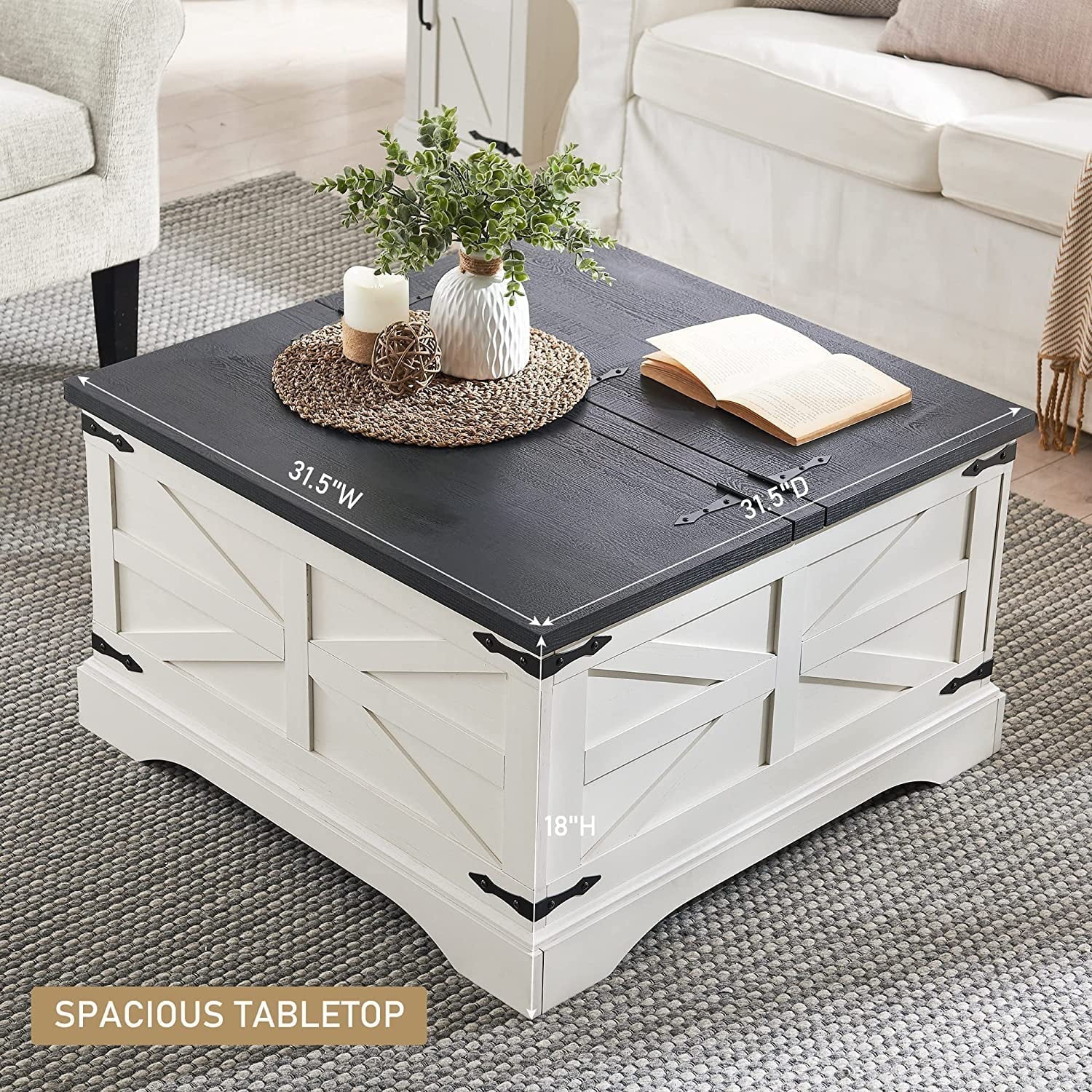 T4TREAM Farmhouse Square Wood Center Coffee Table with Lift Top and Storage for Living Room, White