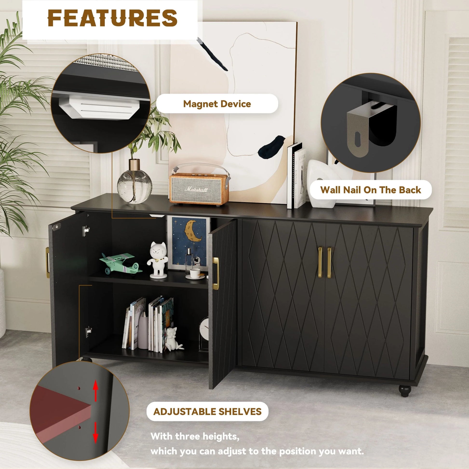 RULI Sideboard Buffet Cabinet Stand for Storage, 62 Inch Coffee Bar Cabinet with 4 Compartments, Kitchen Cupboard Console Table for Living Room, Dining Room, Black