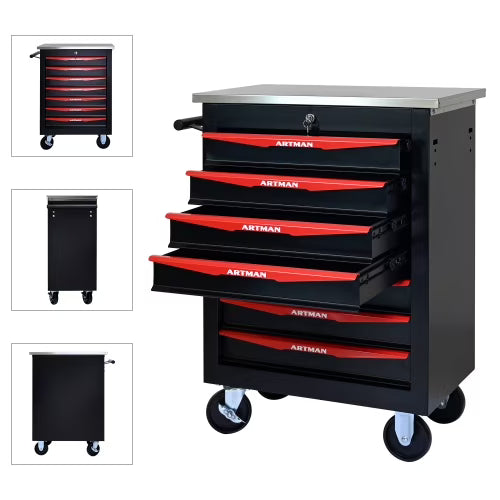 POVANLI 7 Drawer Portable Tool Box With Wheels,20" Tool Chest With Key Locking Tool Boxes/Organizers Black& Red
