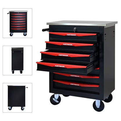POVANLI 7 Drawer Portable Tool Box With Wheels,20" Tool Chest With Key Locking Tool Boxes/Organizers Black& Red