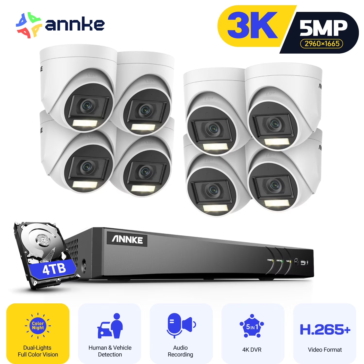 ANNKE 8CH Security Camera System, H.265+ 5-in-1 4K DVR Recorder with AI Human/Vehicle Detection, 8X 3K IP67 CCTV Turret Cameras with Smart Dual Light, Built-in Mic, 100ft Colour Night Vision, NO HDD ?