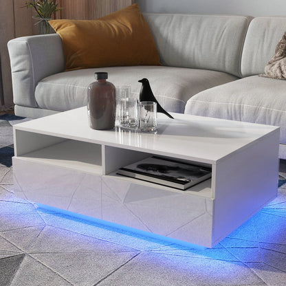 Hommpa LED Coffee Table Rectangular High Gloss Coffee Tea Table Modern Center Table with LED Light 4 Storage Drawers Sofa End Table for Living Room 35.4 x 22 x 13.8 Inches