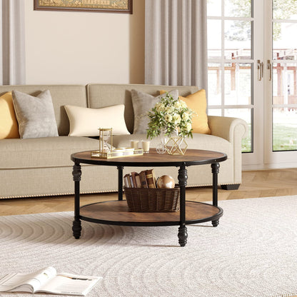Round Coffee Table with Storage Shelf, Brown Wood 2 Tier Center Table with Metal Leg